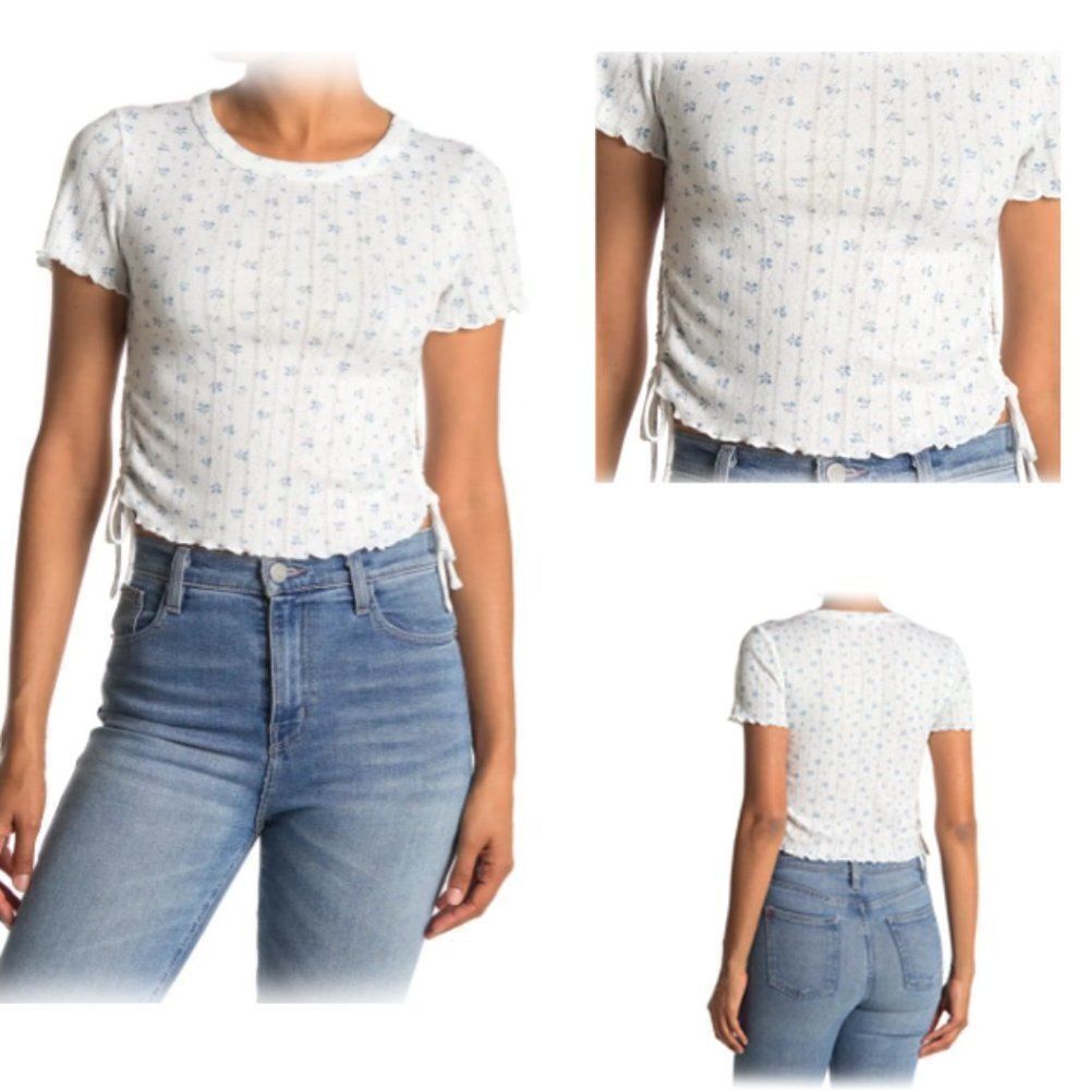 Floral Cinched Side Tie Pointelle Crop Top